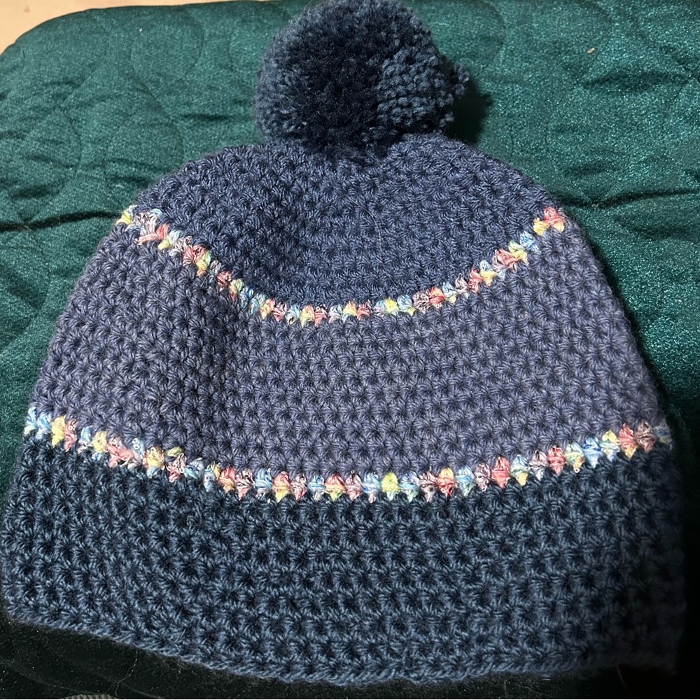 Blue Bear Knit Pom-Pom Beanie. Hand crochet